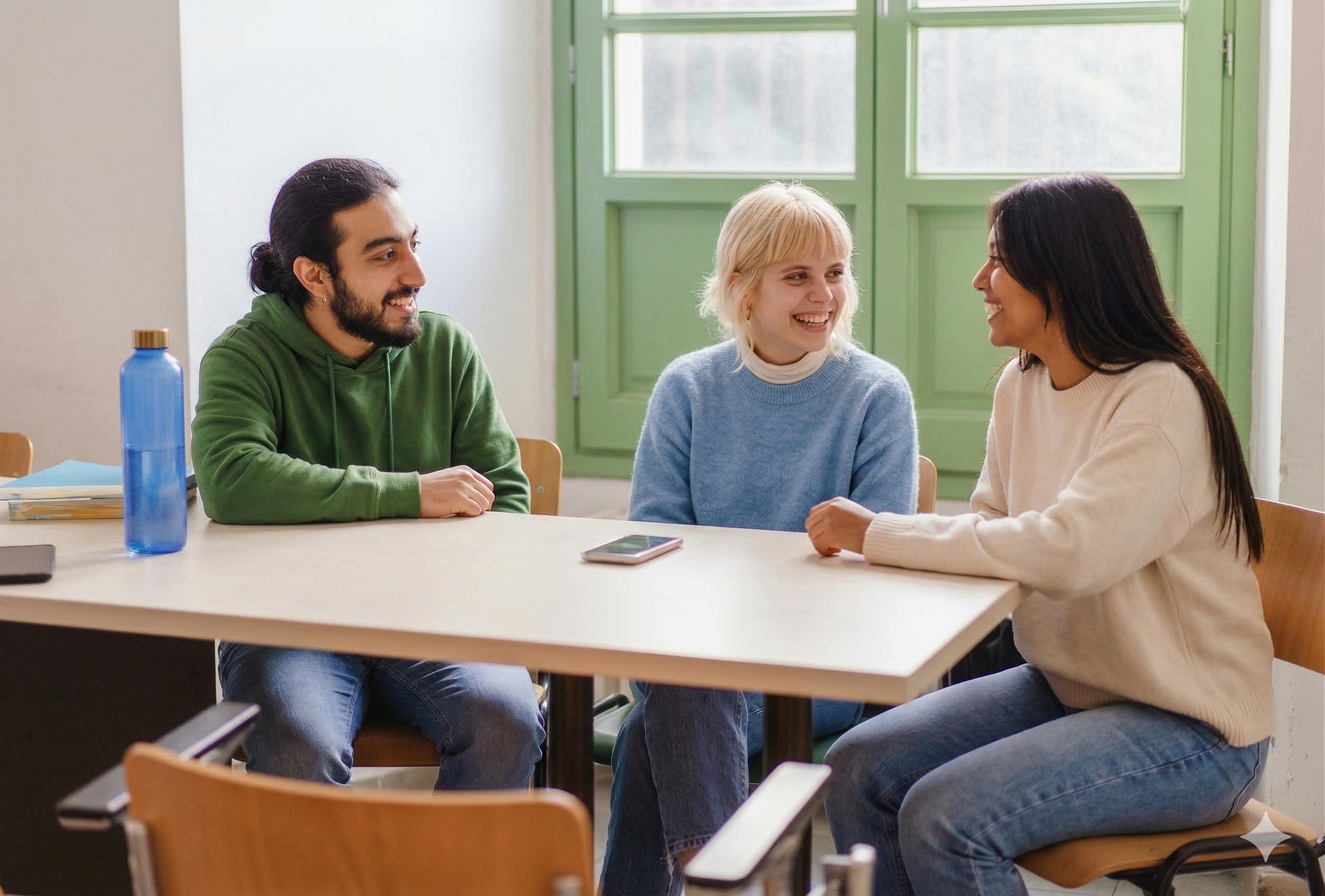 Étudiants discutant d’un projet entrepreneurial en équipe dans une salle de cours à Ionis-STM
