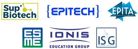 Logos des écoles partenaires du Groupe Ionis : EPITA, ESME, ISG et SupBiotech, illustrant un environnement d’apprentissage innovant et interdisciplinaire