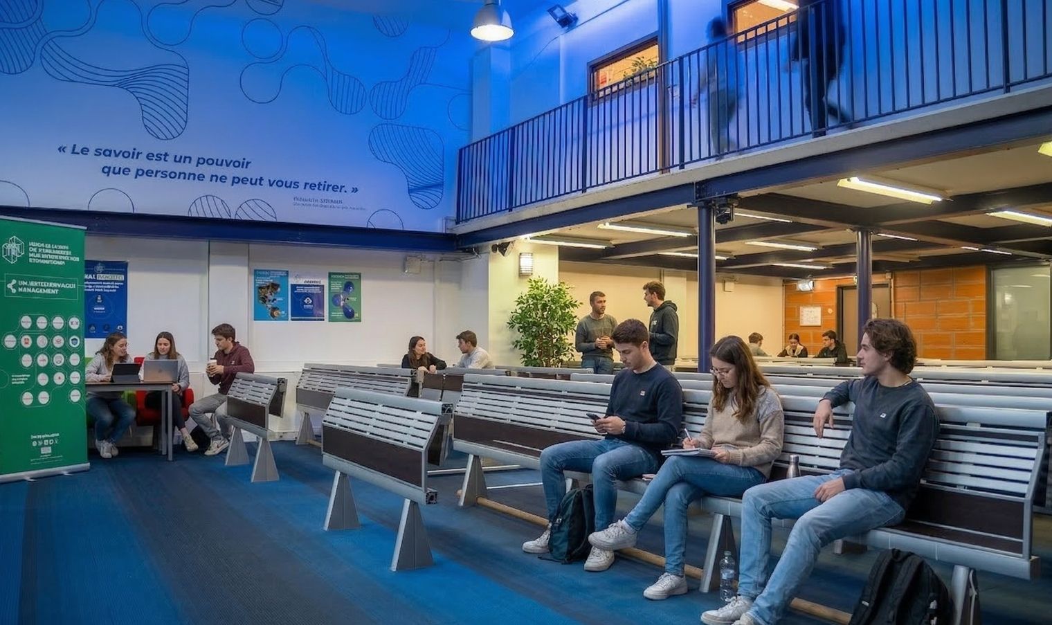 Étudiants travaillant et étudiant dans les espaces d’apprentissage du campus Ionis-STM